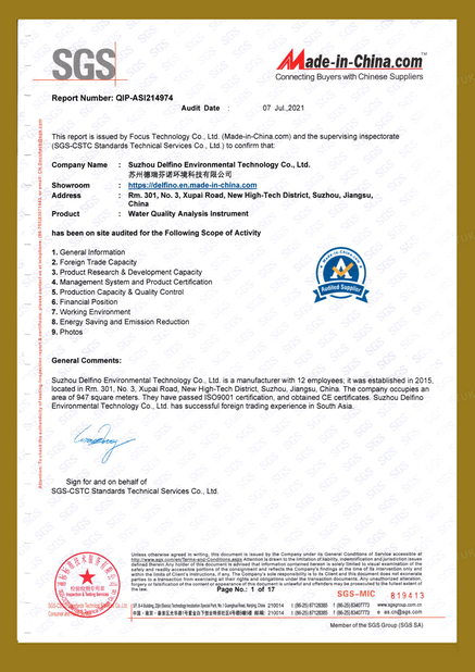 Chiny Suzhou Delfino Environmental Technology Co., Ltd. Certyfikaty